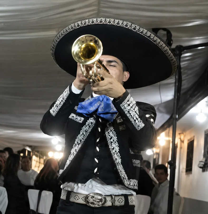 Mariachis con trajes típicos mexicanos en una celebración en Santiago